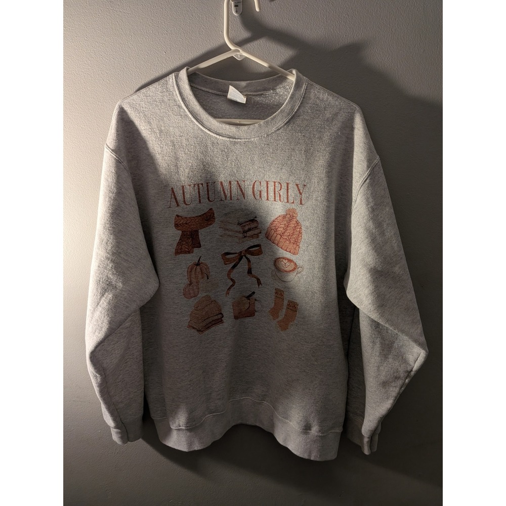 Port & Company Autumn Girly Graphic Sweatshirt Heather Grey Fall Crewneck Large